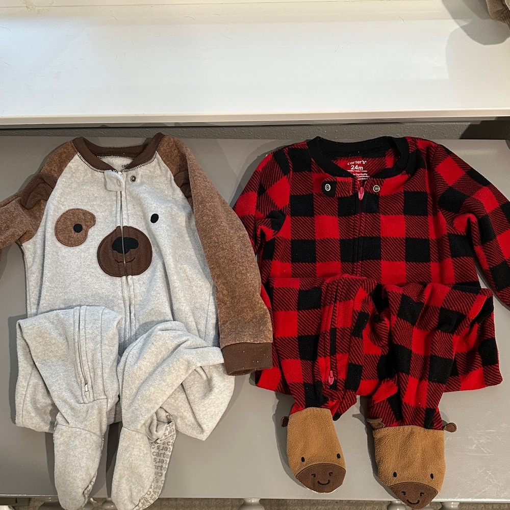 Carter's Red & Black Buffalo Plaid and Gray Bear Footed One-Piece Set